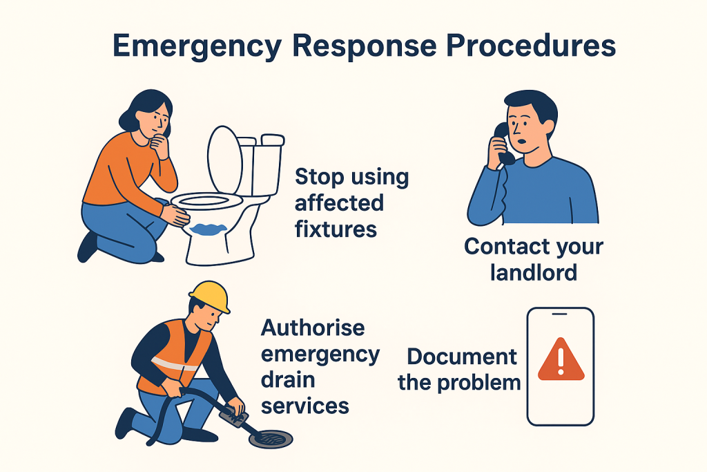 Illustration showing emergency response steps for blocked drains: stop using affected fixtures, contact your landlord, authorise emergency drain services, and document the problem.
