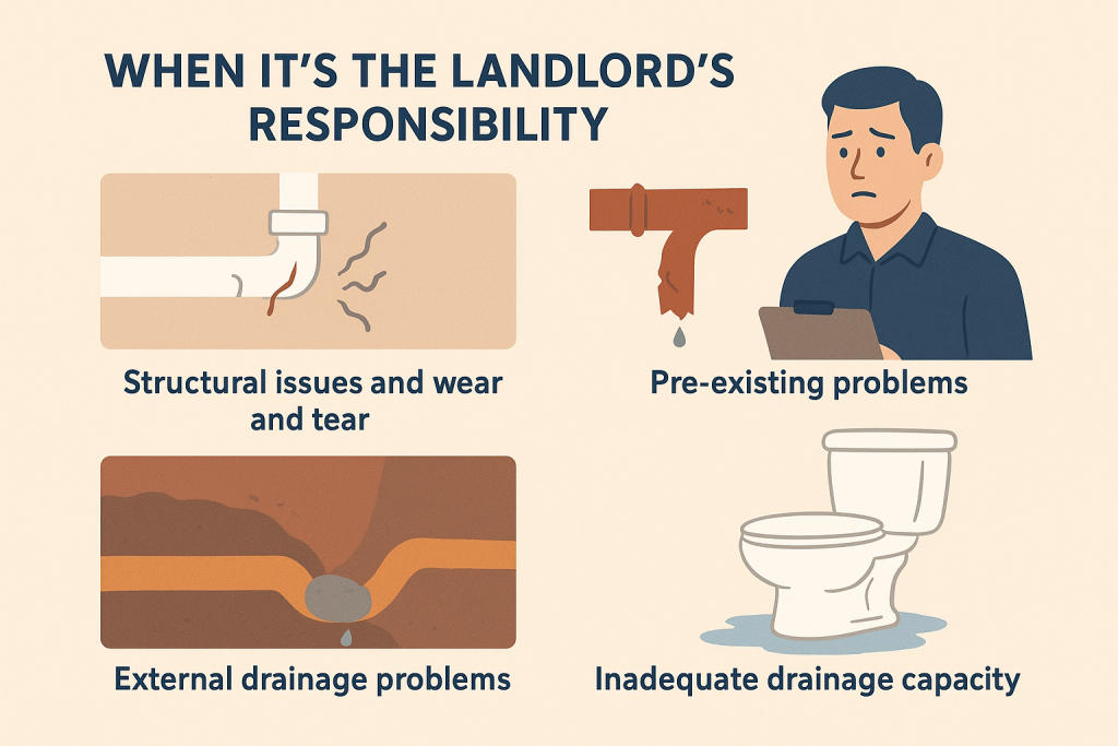 Illustration showing when landlords are responsible for blocked drains, including structural, external, and pre-existing issues.
