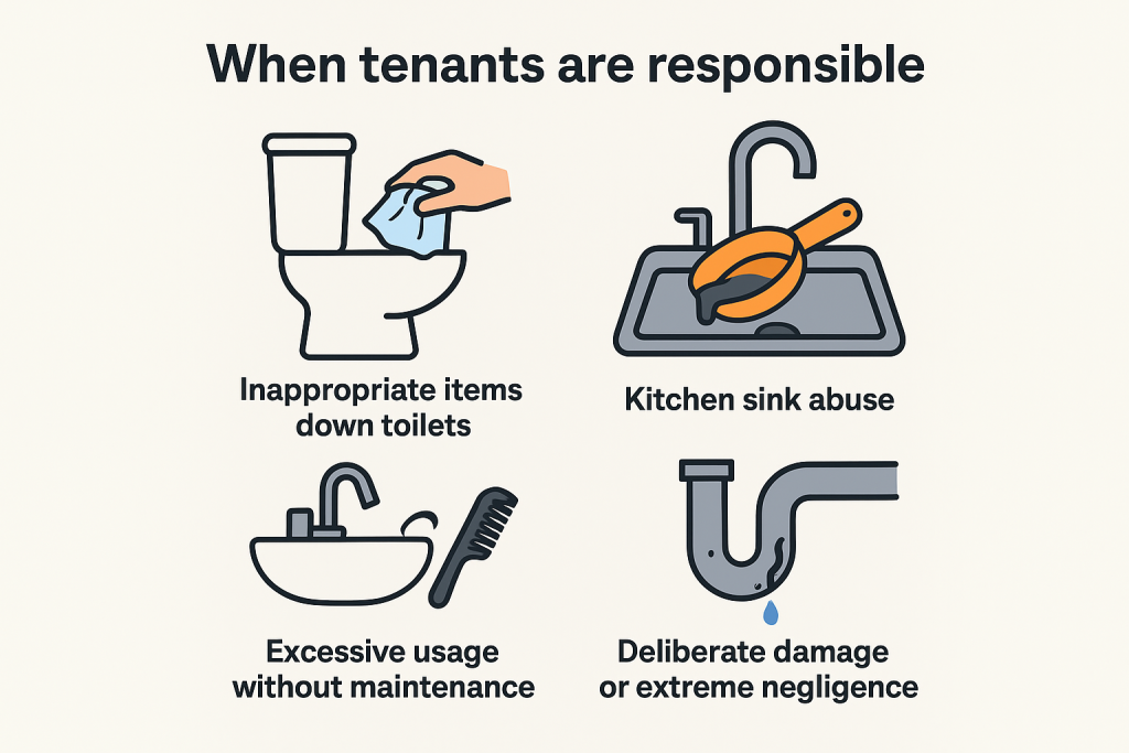 Illustration showing when tenants are responsible for blocked drains, including flushing inappropriate items, kitchen sink misuse, lack of maintenance, and deliberate damage.