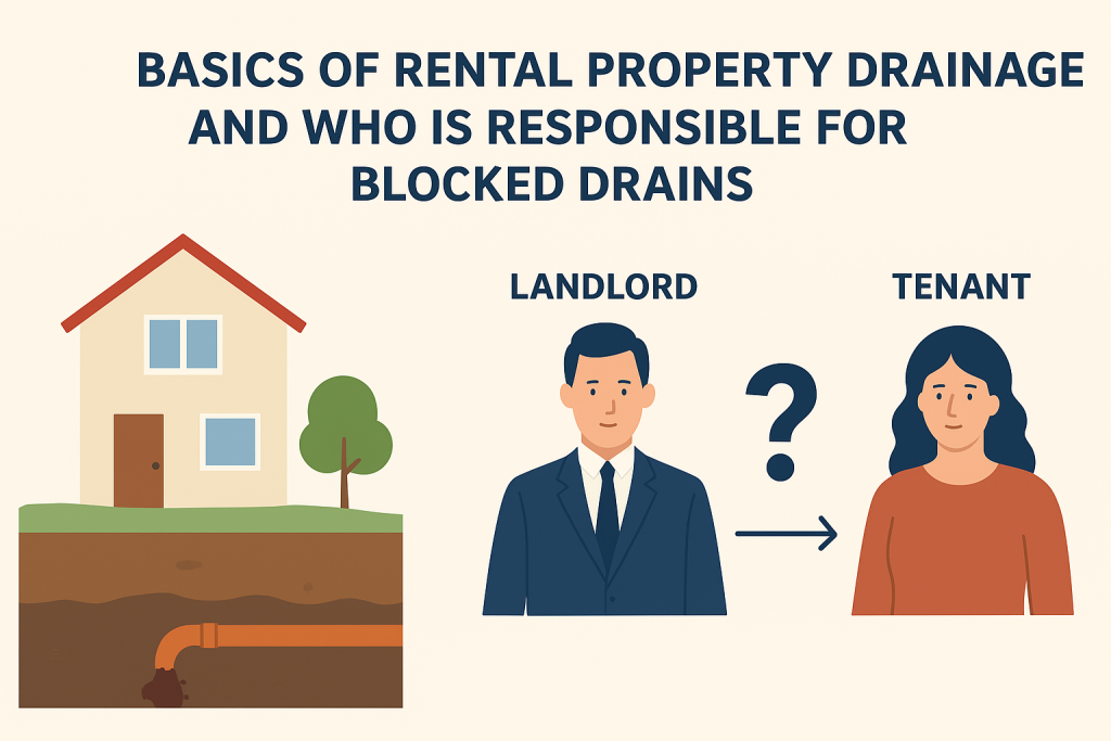 Illustration showing a house with underground drainage and a landlord and tenant deciding who is responsible for blocked drains.