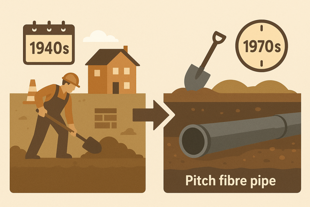 Illustration showing the development and installation of pitch fibre pipes over time.