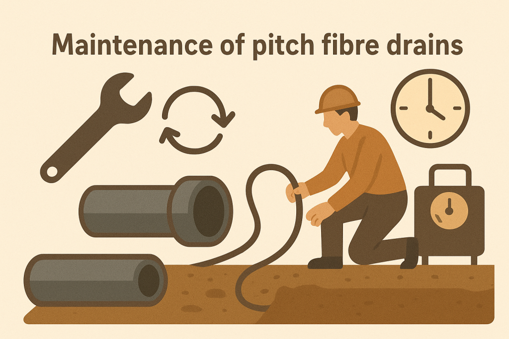 Illustration showing maintenance work on pitch fibre drain pipes.